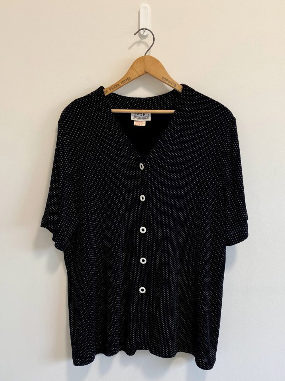 Vintage Black and White Polka Dot Button Up Blouse / 80s / Made in Canada